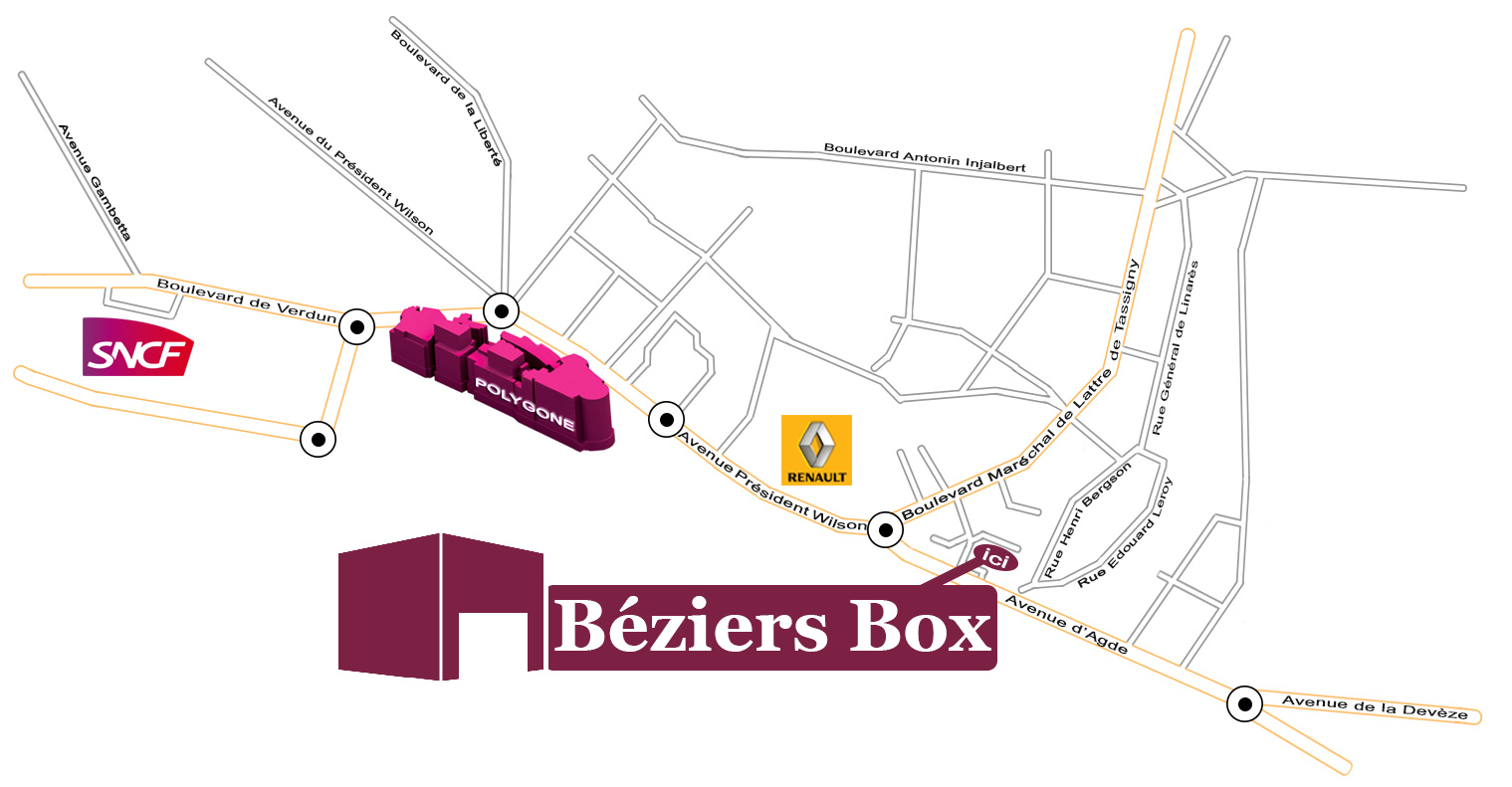 Cliquez pour agrandir le plan Plan d'accès simplifié à Béziers Box